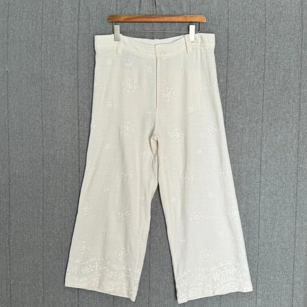 Zara Linen Blend Ivory / Light Cream High Rise Embroidered Wide Leg Pants XL